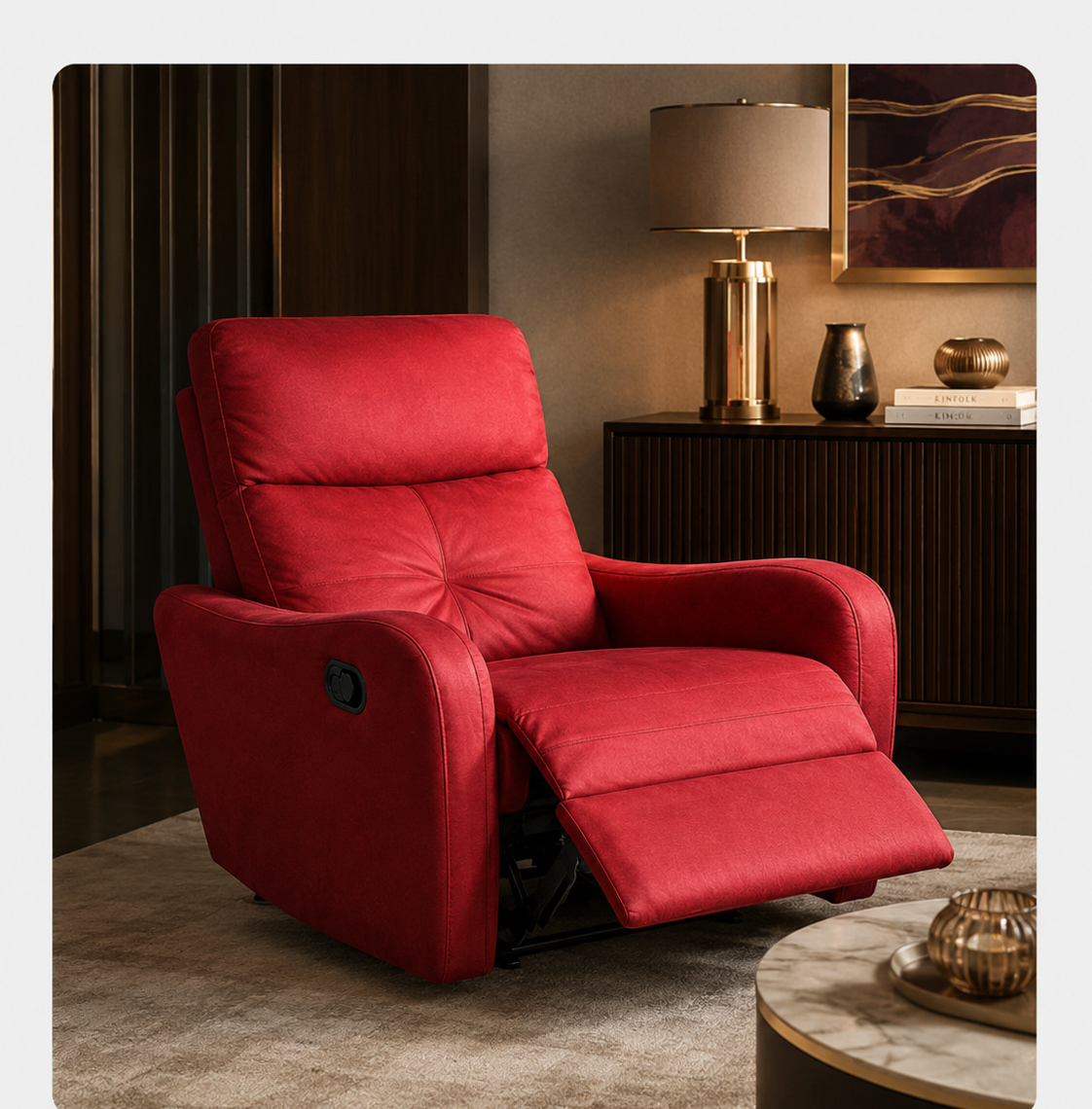 Red recliner in a warm contemporary interior