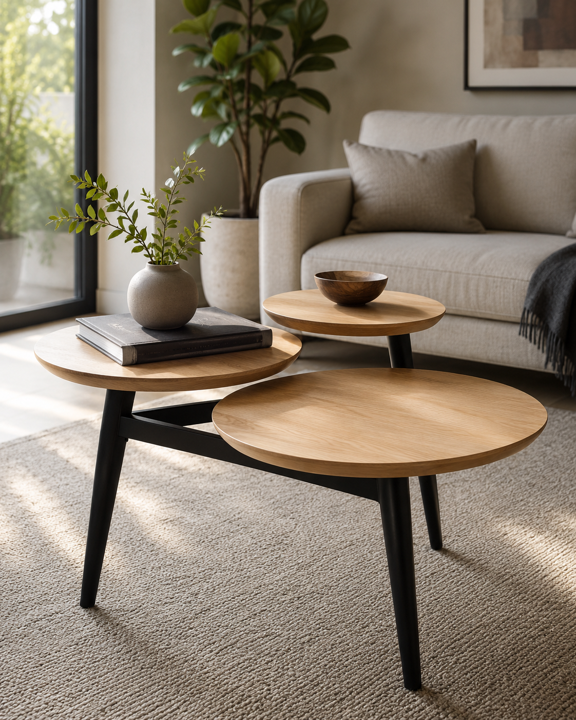 Nested wooden tables in a bright living room